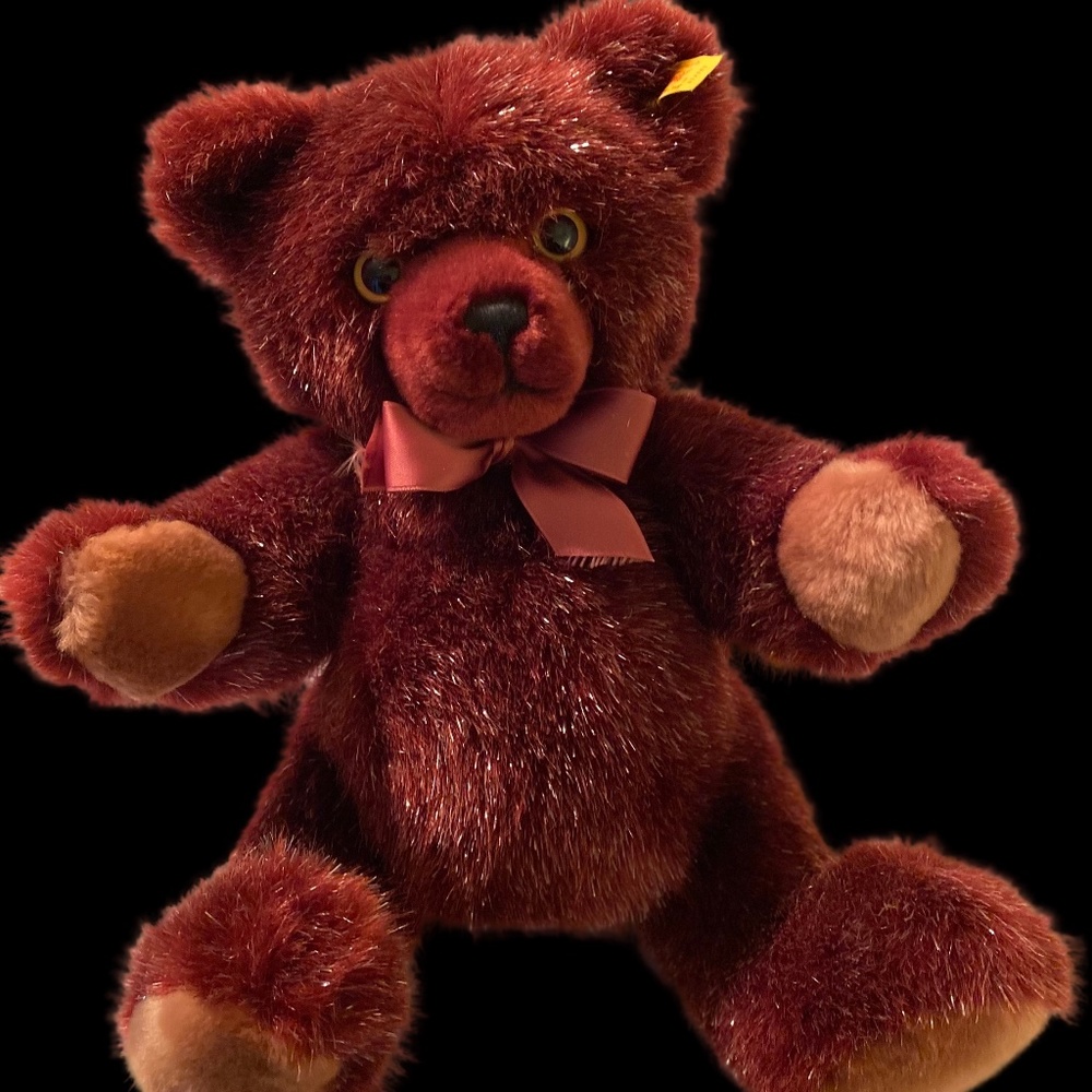 Preowned - Vintage STEIFF Maroon Bear w/bow tie -  OPF IM OHR (Button in Ear)